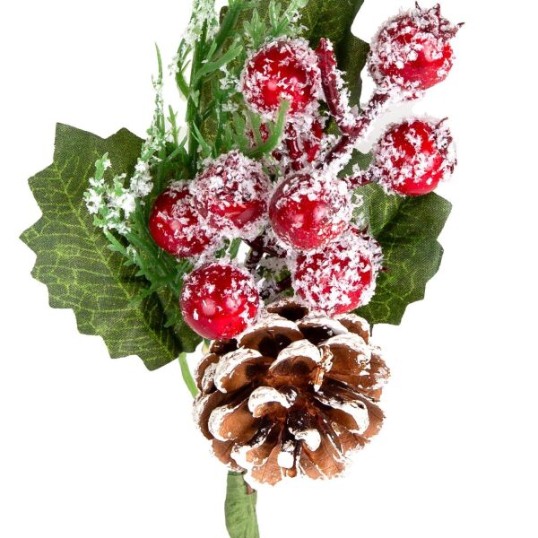 Yılbaşı Çiçeği Pike Berry Kozalaklı Karlı Kırmızı- Yeşil 24 Cm.