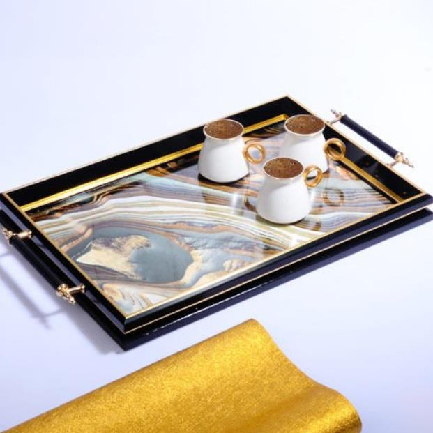 Kosova Sa-209 Kulplu Lüx Dikdörtgen Tepsi 50 x 31 Cm Siyah