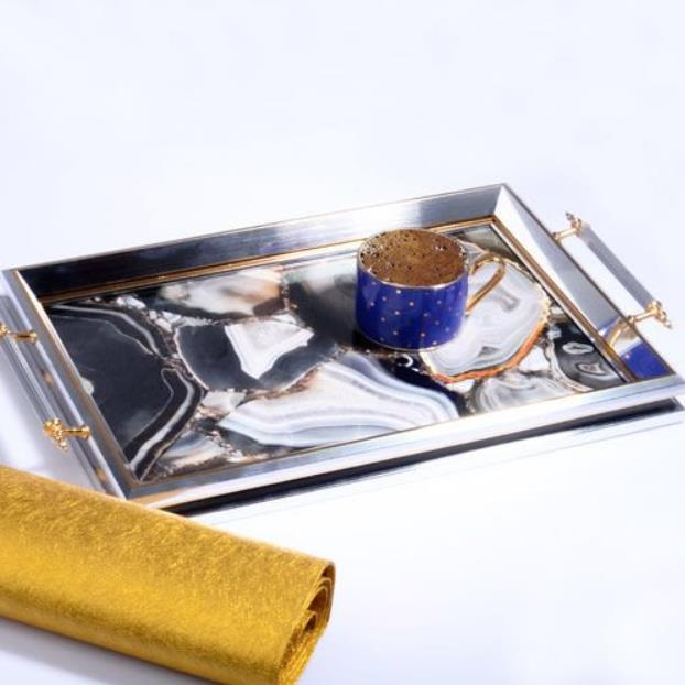 Kosova Ga-226 Kulplu Lüx Dikdörtgen Tepsi 50 x 31 Gümüş Altın