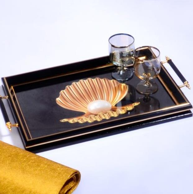 Kosova Sa-251 Kulplu Lüx Dikdörtgen Tepsi Siyah Fil