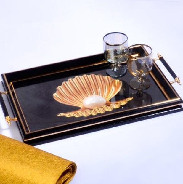 Kosova Sa-251 Kulplu Lüx Dikdörtgen Tepsi Siyah Fil