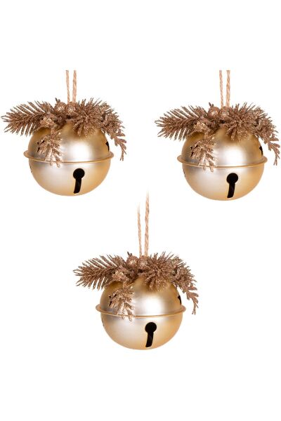 Yılbaşı Ağaç Süsü Çıngıraklı Yılbaşı Topu 3lü Set Simli Berry Süslü Gold 8cm