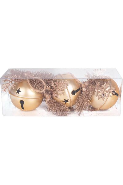 Yılbaşı Ağaç Süsü Çıngıraklı Yılbaşı Topu 3lü Set Simli Berry Süslü Gold 8cm