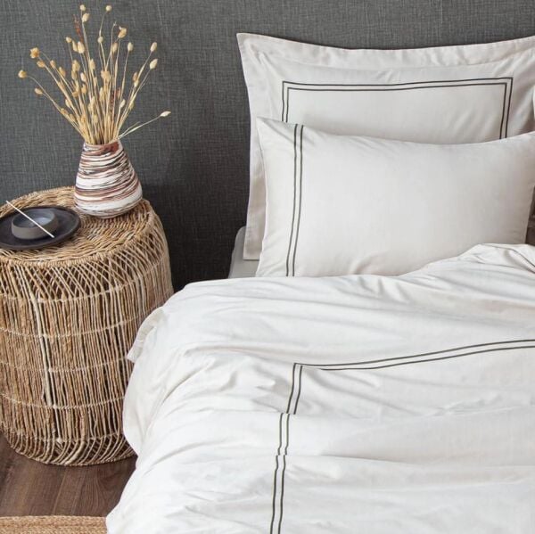 Ecocotton Lavin Çift Kişilik Nevresim Takımı %100 Organik Pamuk Saten Nakışlı Bej / Yeşil CK