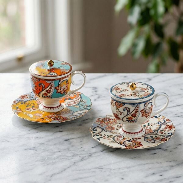 Lucky Art Paisley Bone 2li Kapakli Çay Fincani Seti 150cc