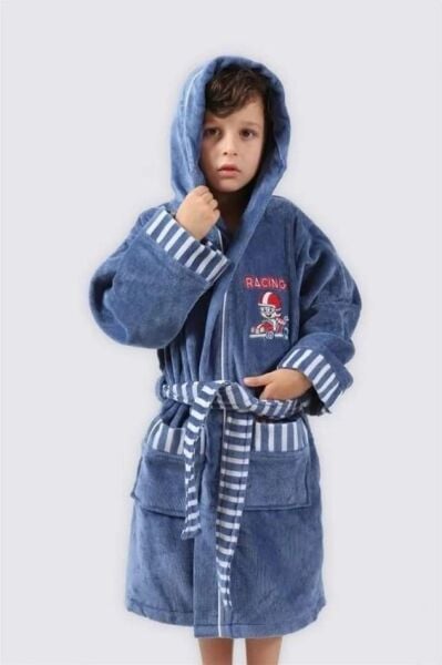 Ecocotton Racer Erkek Çocuk Bornoz %100 Organik Pamuk Nakışlı Mavi 7-8 Yaş