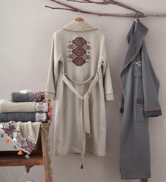 Ecocotton Organik Pamuk Aile Bornoz Seti - Pamira Bej / Antrasit M / L