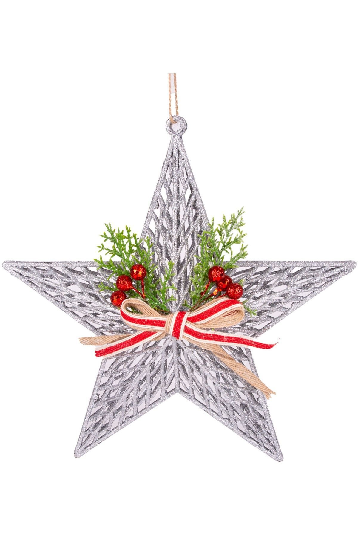 Yılbaşı Süsü Yılbaşı Dekorlu Yıldız Fiyonklu Berryli Gümüş 28x29 Cm