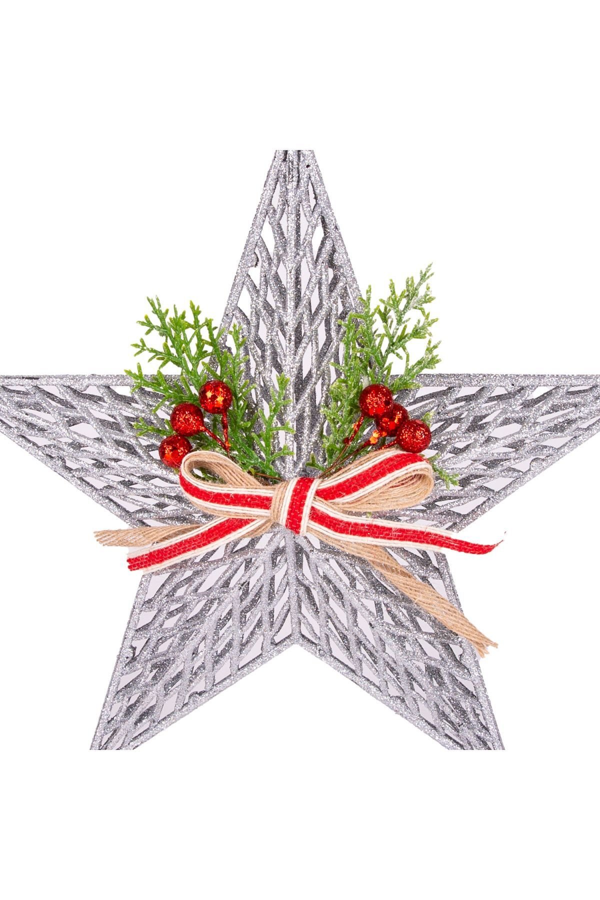 Yılbaşı Süsü Yılbaşı Dekorlu Yıldız Fiyonklu Berryli Gümüş 28x29 Cm