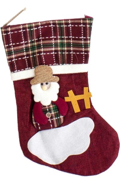 Yılbaşı Süsü Ekose Desenli Çorap Noel Baba Figürlü Koyu Kırmızı 21x34 Cm