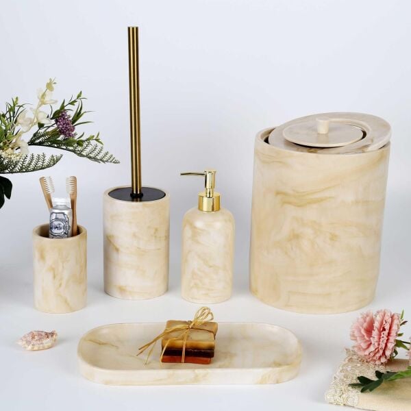 Selim Dekor Marble Banyo Seti Ekru