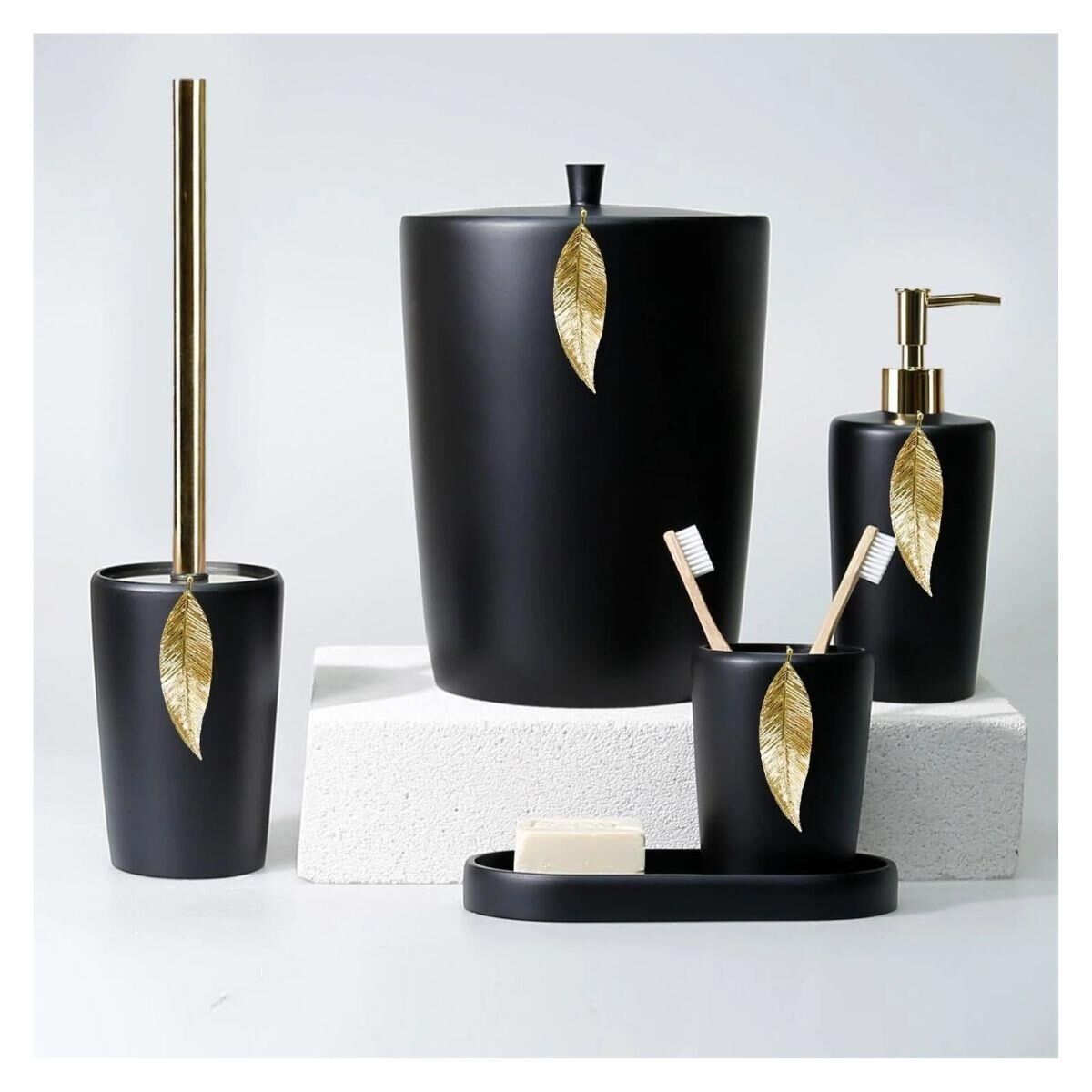 Selim Dekor Leaf Banyo Seti Siyah-Altın