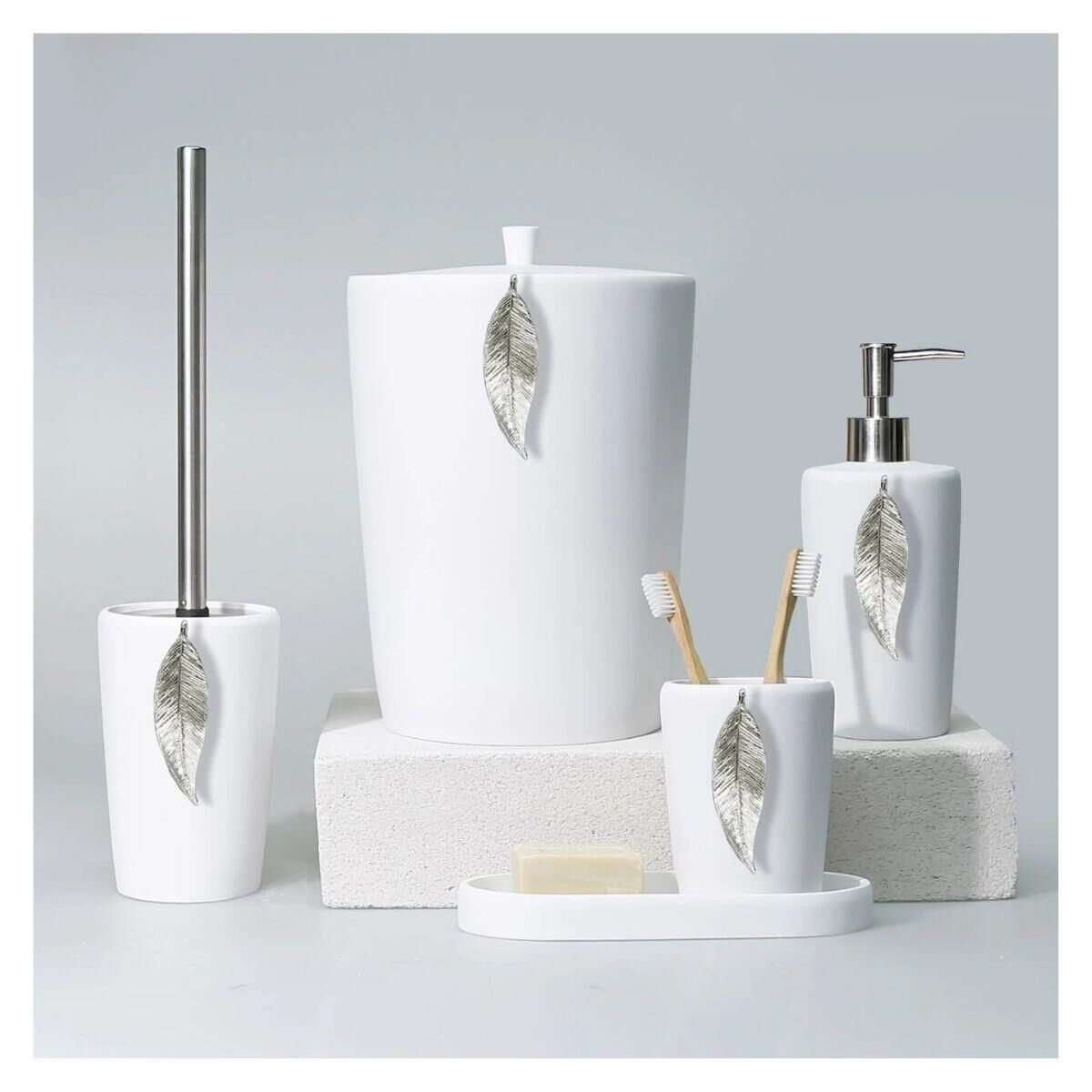 Selim Dekor Leaf Banyo Seti Beyaz-Gümüş