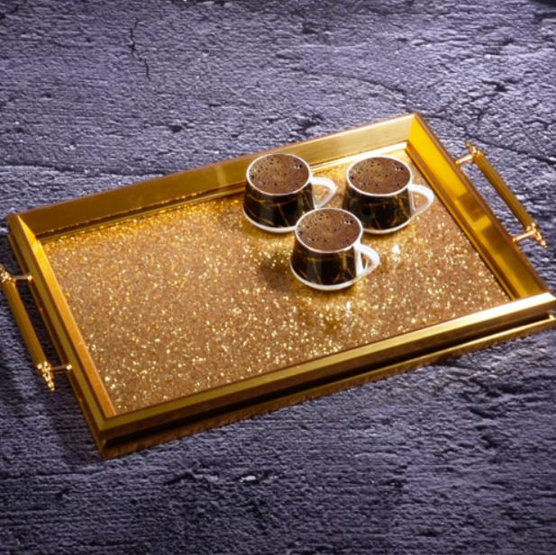 Kosova A-589 Kulplu Taşlı Dikdörtgen Tepsi 50 x 31 Altın