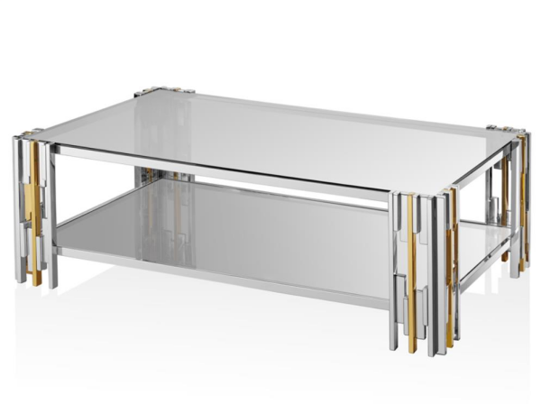 Lamedore Waller Dikdörtgen Kahve Masası Silver Gold Çift Camlı 130 x 80 x 43 Cm