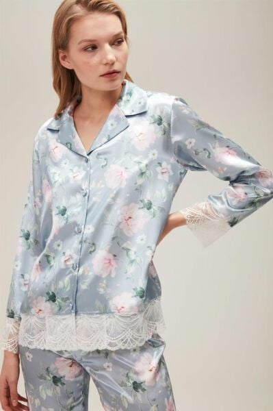 Nazik Home Liva Dantelli Pijama Takımı Açık Mavi L