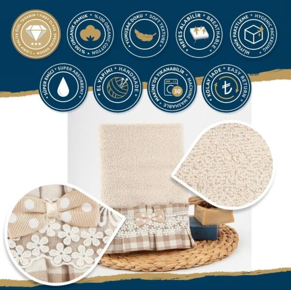 Nazik Home Lucca Pötikare Kumaşlı Dantelli Ve Fiyonklu Havlu Bej 30X50