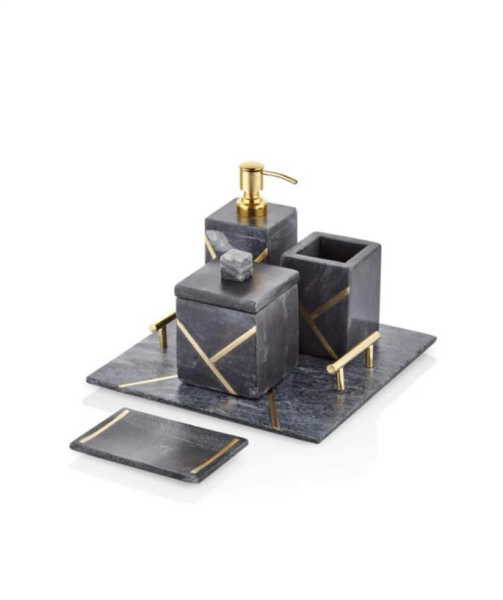 Lamedore Blank Siyah Gold Saplı Kare Tepsili Banyo Takımı