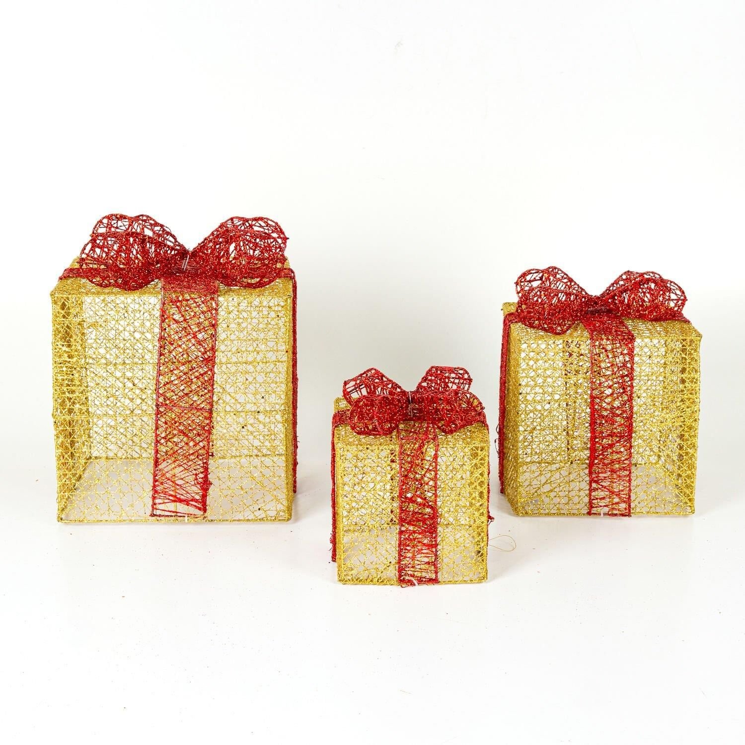 Yılbaşı Süsü Kırmızı Fiyonklu Büyük Hediye Paketi 3'Lü Set Dore