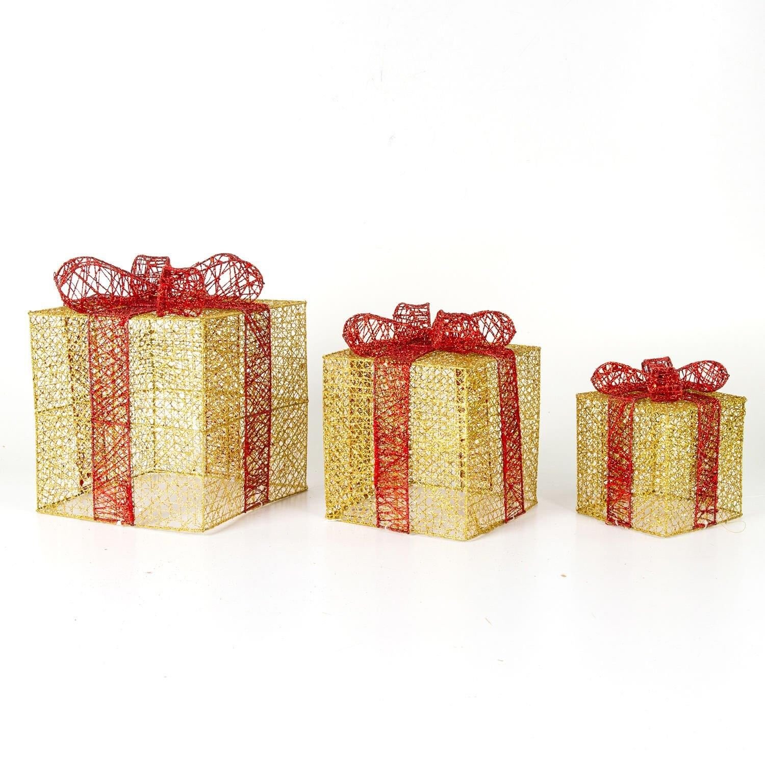 Yılbaşı Süsü Kırmızı Fiyonklu Büyük Hediye Paketi 3'Lü Set Dore