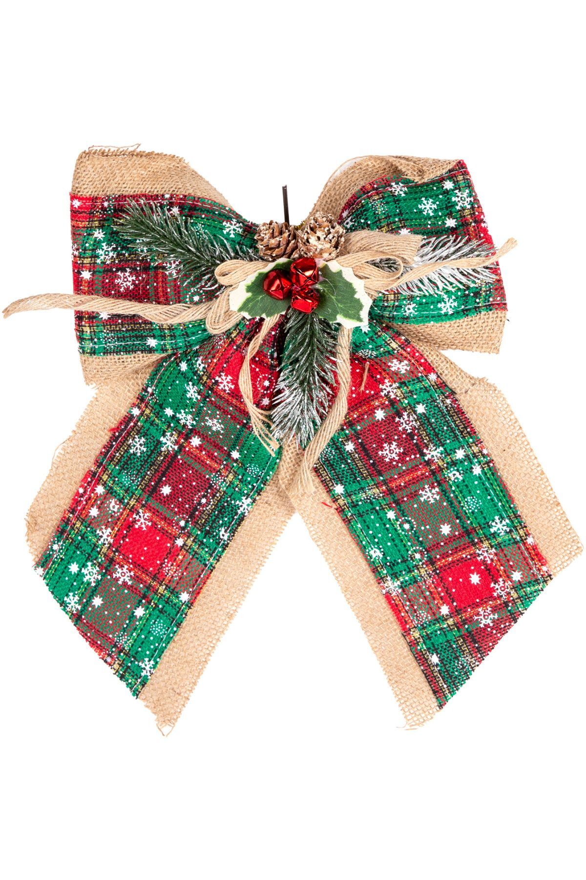 Yılbaşı Ağaç Süsü Yılbaşı Dekorlu Fiyonk Ekoseli Yeşil 30x21 Cm