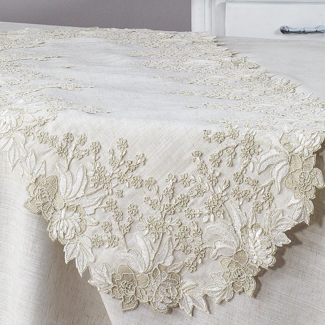 Nazik Home Serenita Çiçek Nakışlı Masa Örtüsü + Runner Masa Sunum Seti Krem