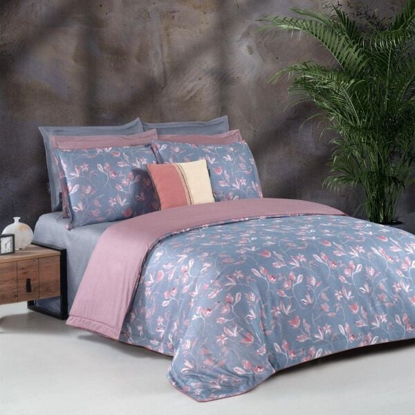 Sarev Samıra Jakarlı Saten Nevresim Takımı Çift Kişilik 4 Yastık Mavi