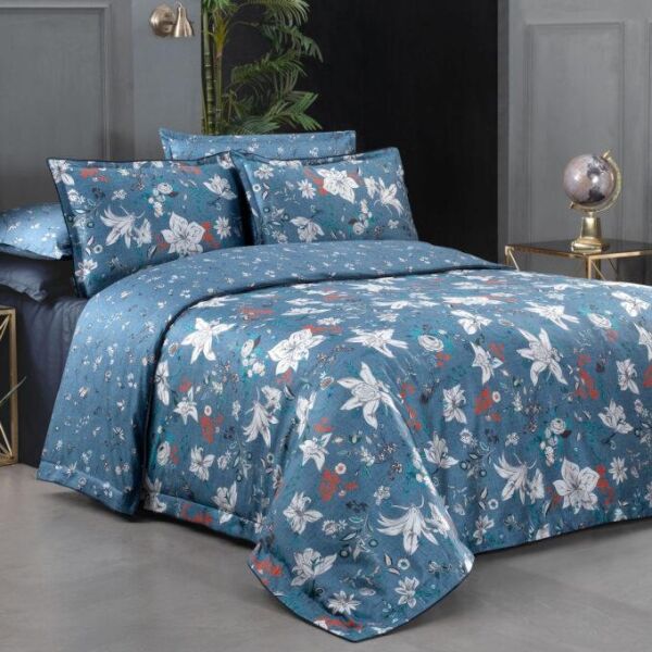 Sarev Portlan Saten Nevresim Takımı Tek Kişilik 2 Yastık-Mavi