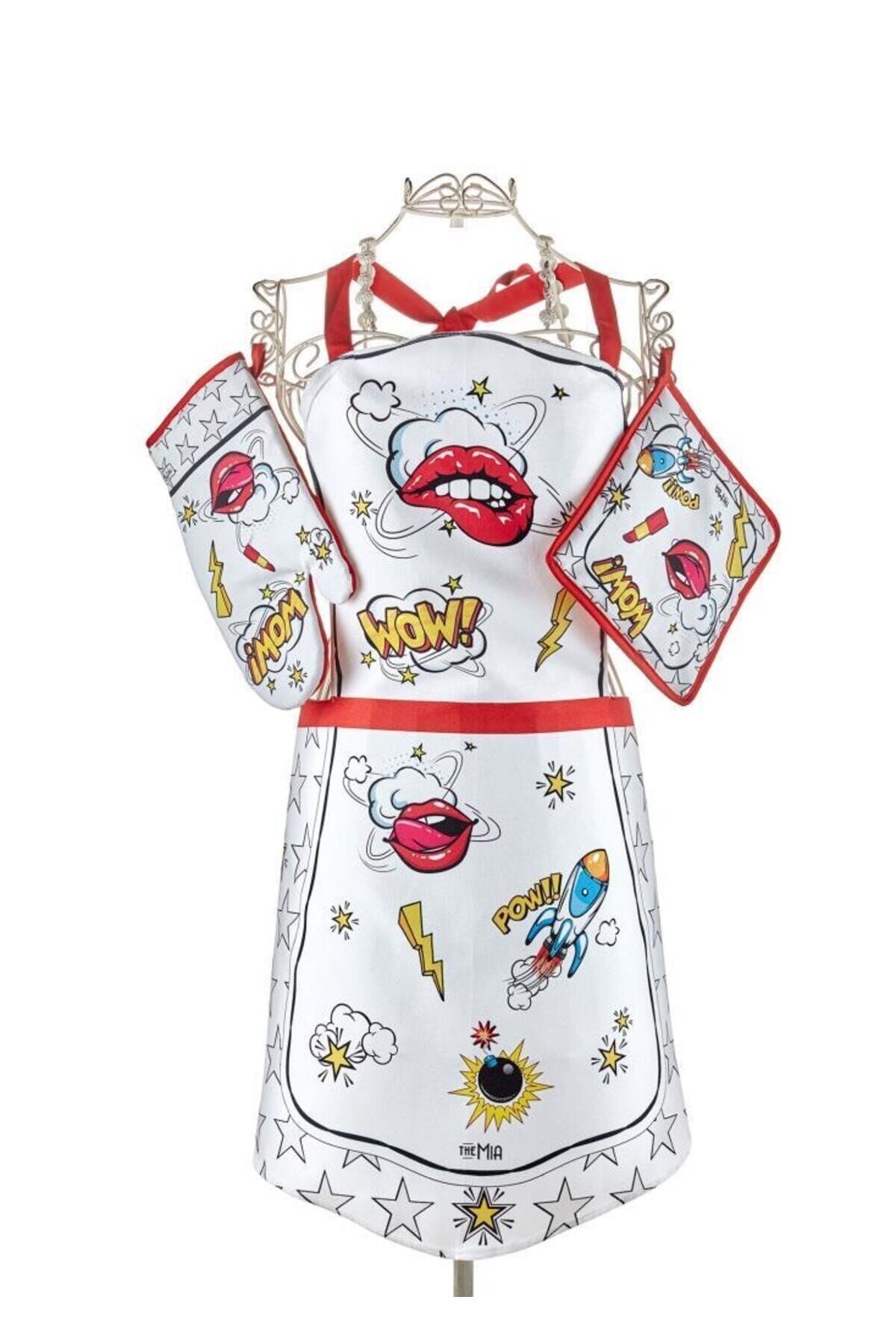 The Mia Popart 3lü Set Önlük Eldiven Tutaç Beyaz