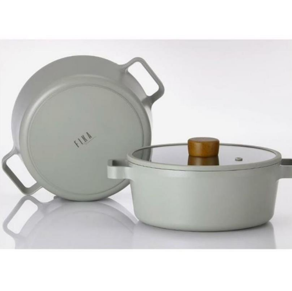 Neoflam Fika Cam Kapaklı Alüminyum Döküm Tencere 22 cm Gri