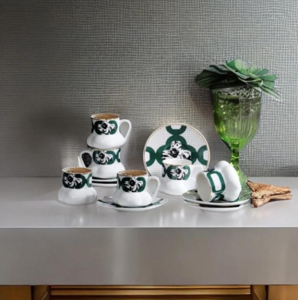 Kosova 311-4 Porselen 6'lı Fincan Takımı Geniş Maksimo Green