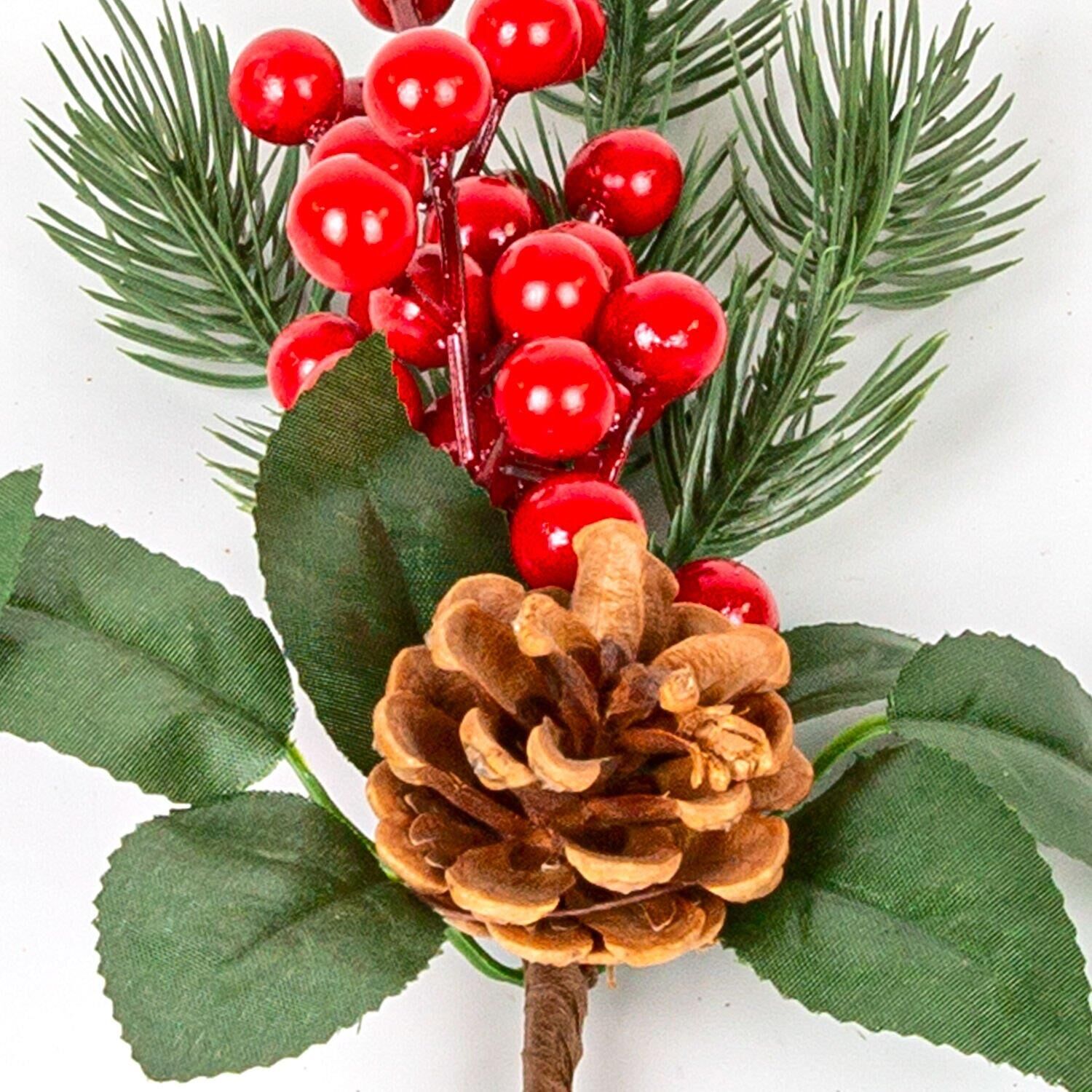 Yılbaşı Çiçek Pike Berry Kozalak Dekorlu Kırmızı-Yeşil