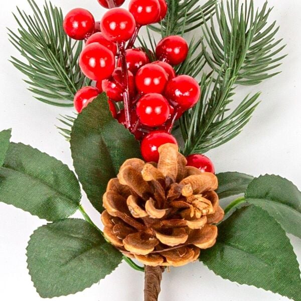 Yılbaşı Çiçek Pike Berry Kozalak Dekorlu Kırmızı-Yeşil
