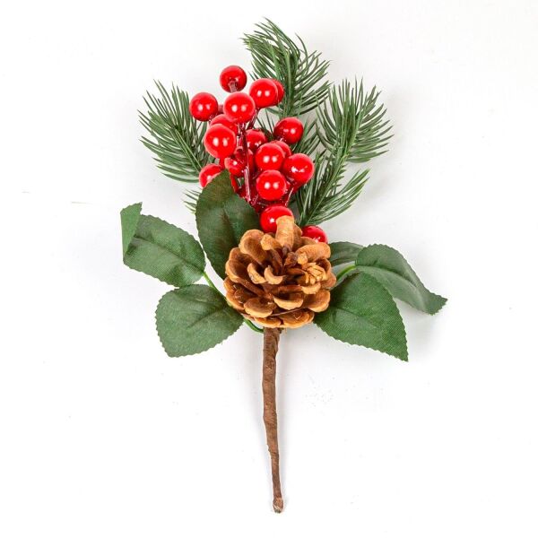 Yılbaşı Çiçek Pike Berry Kozalak Dekorlu Kırmızı-Yeşil