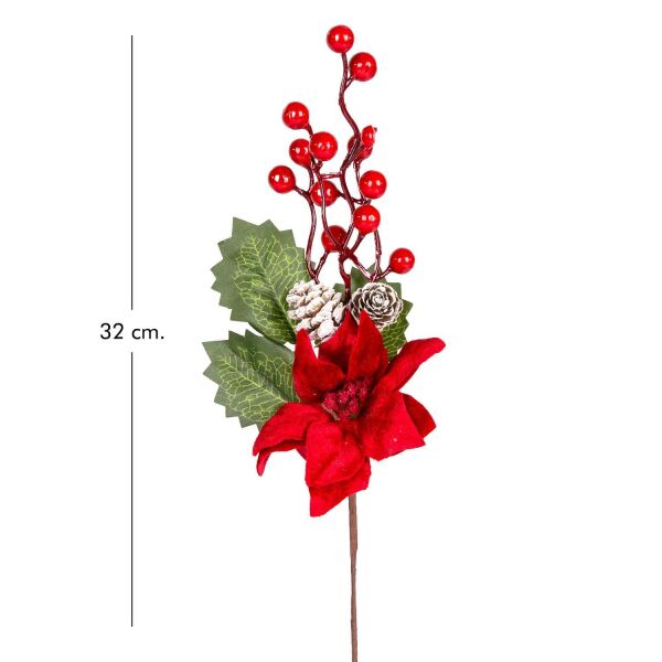 Yılbaşı Çiçek Pike Berry Puansetyalı Karlı Kozalaklı Kırmızı-Yeşil 30 cm