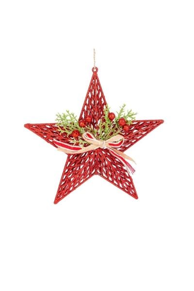 Yılbaşı Süsü Yılbaşı Dekorlu Yıldız Fiyonklu Berryli Kırmızı 25x25 Cm