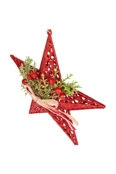 Yılbaşı Süsü Yılbaşı Dekorlu Yıldız Fiyonklu Berryli Kırmızı 25x25 Cm