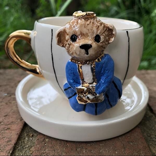 Magic Home Teddy Çizgili Gelin Seramik Fincan Mavi