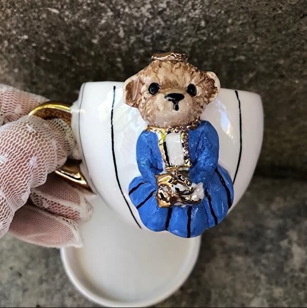 Magic Home Teddy Çizgili Gelin Seramik Fincan Mavi