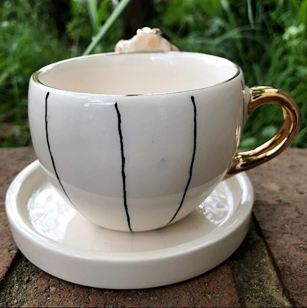 Magic Home Teddy Çizgili Gelin Seramik Fincan Mavi