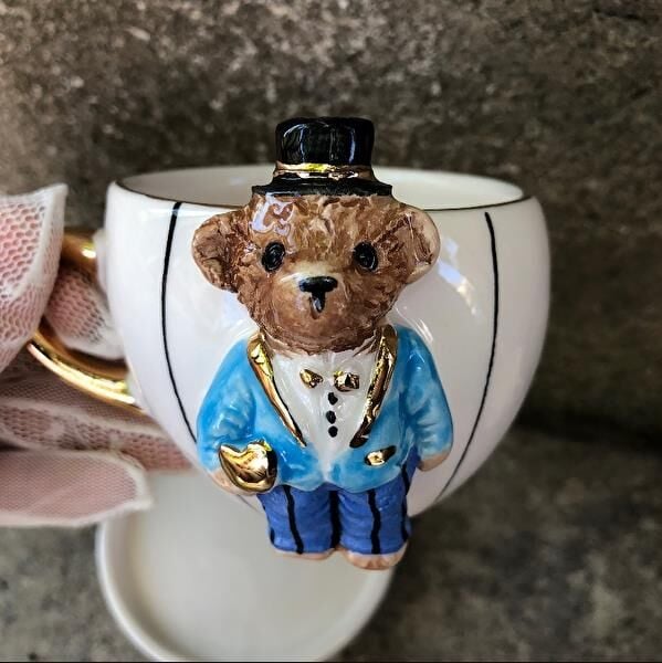 Magic Home Teddy Çizgili Damat Seramik Fincan Mavi