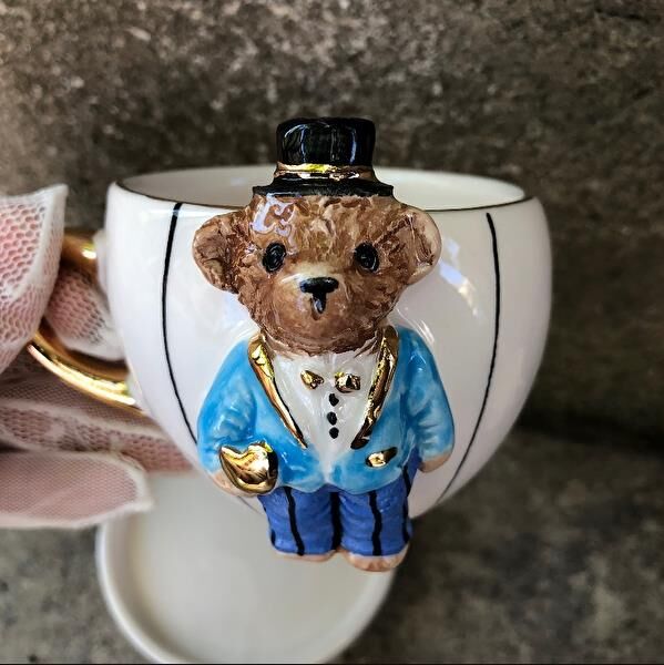 Magic Home Teddy Çizgili Damat Seramik Fincan Mavi