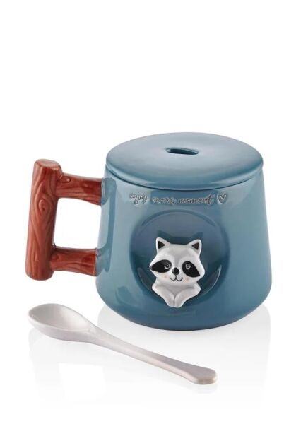 The Mia Rakun Kapaklı ve Kaşıklı Kupa 370 ml