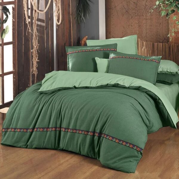 Sarev Enrike Flanel Nevresim Takımı Çift Kişilik 2 Yastık-Yeşil