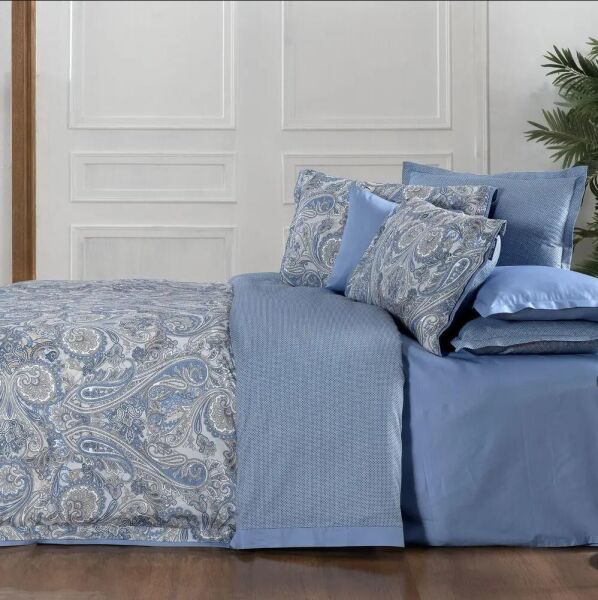 Sarev Volga Saten Nevresim Takımı Çift Kişilik 4 Yastık-Mavi