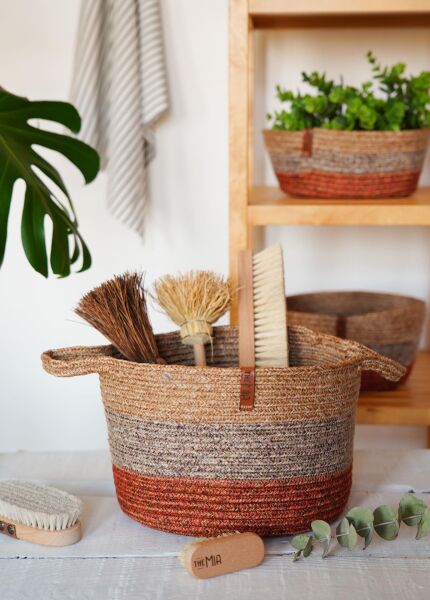 The Mia Jutte Kapaklı Oval Sepet Bambu Lacivert 35x24x12 cm