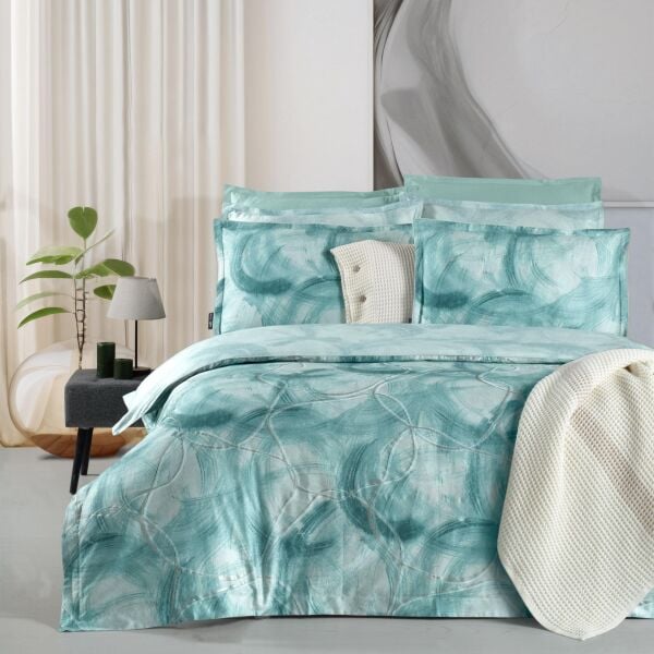 Sarev Debrına  Saten  Nevresim Takımı Çift Kişilik 4 Yastık Mint