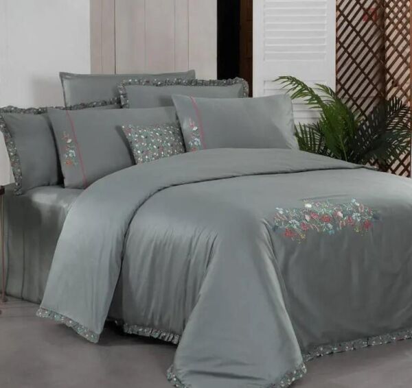 Sarev Nitra Saten Nevresim Takımı Çift Kişilik 4 Yastık-Gri