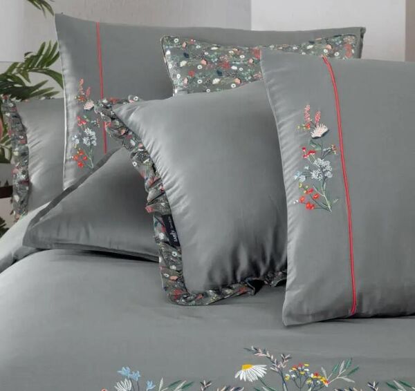 Sarev Nitra Saten Nevresim Takımı Çift Kişilik 4 Yastık-Gri