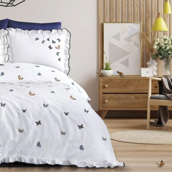 Nazik Home Laura Kelebek Nakışlı Pamuk Saten Nevresim Takımı Krem King Size